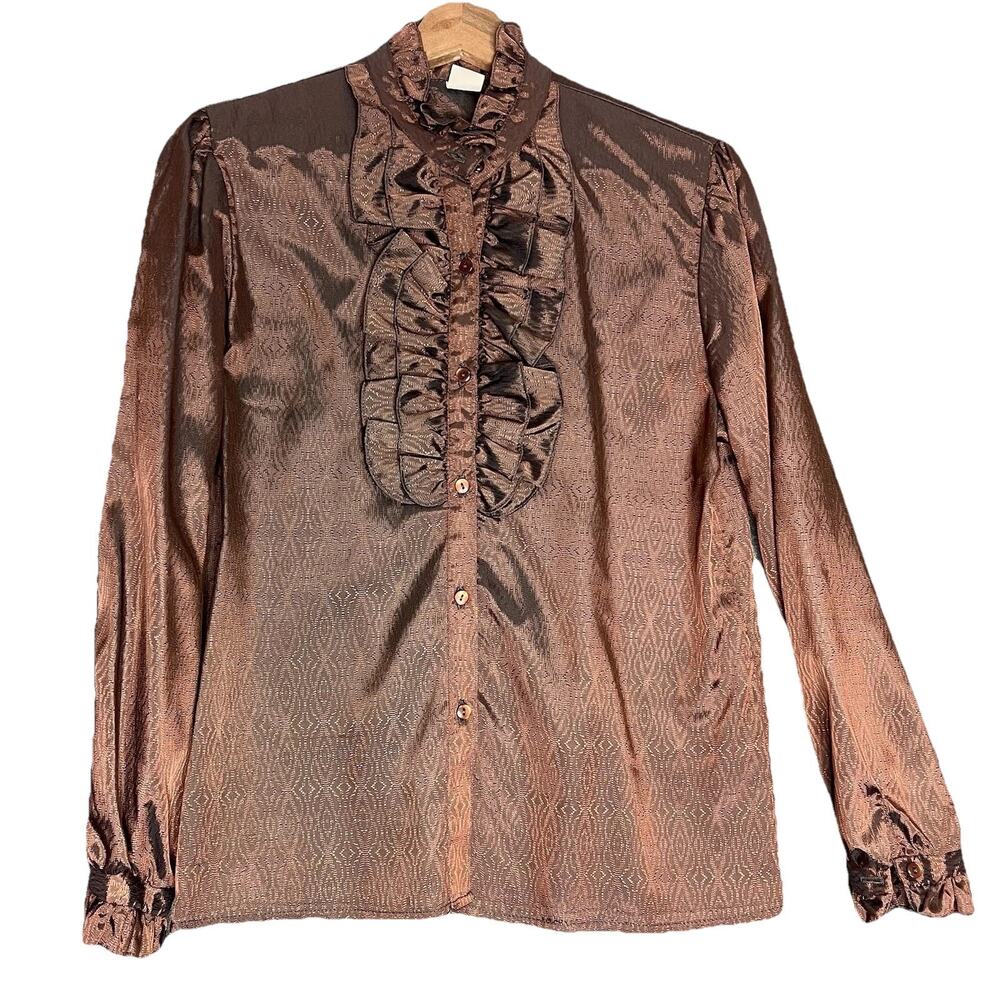 Vintage Y2K Ruffle Metallic Brown Buttoned Up Shirt Sz L Long Sleeve Shiny
